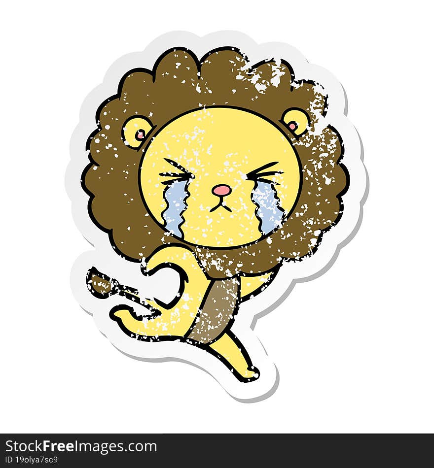 Distressed Sticker Of A Cartoon Crying Lion Running Away