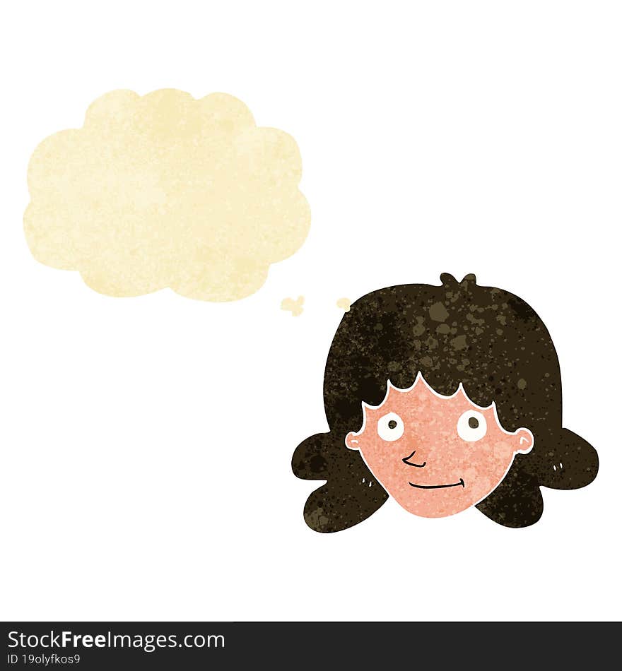 cartoon happy female face with thought bubble