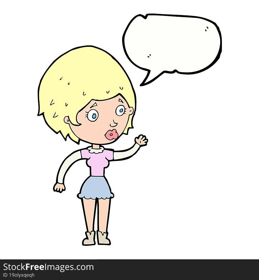 cartoon woman waving with speech bubble