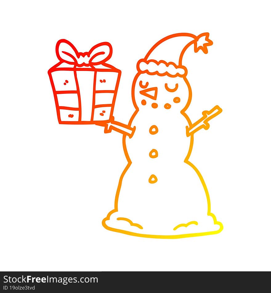 warm gradient line drawing of a cartoon snowman with present