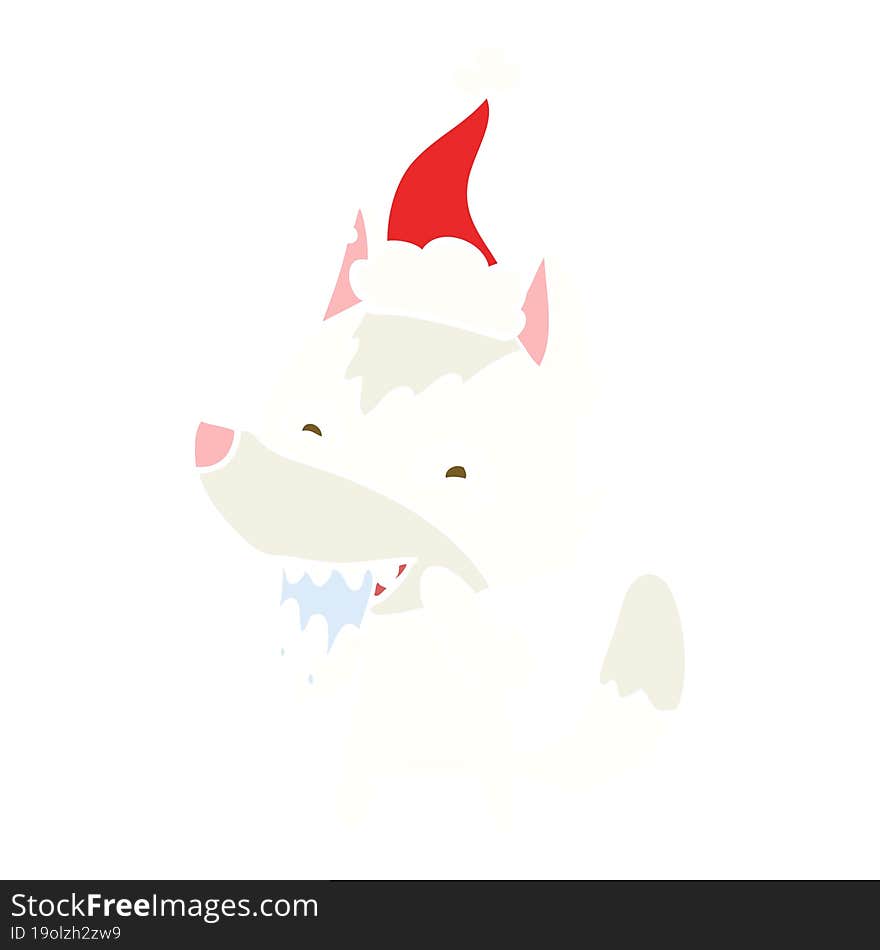 Flat Color Illustration Of A Hungry Wolf Wearing Santa Hat