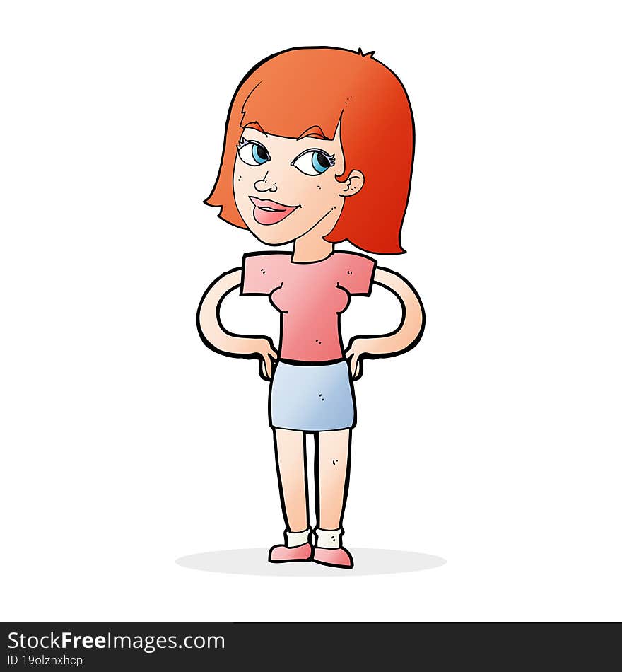 cartoon happy woman with hands on hips