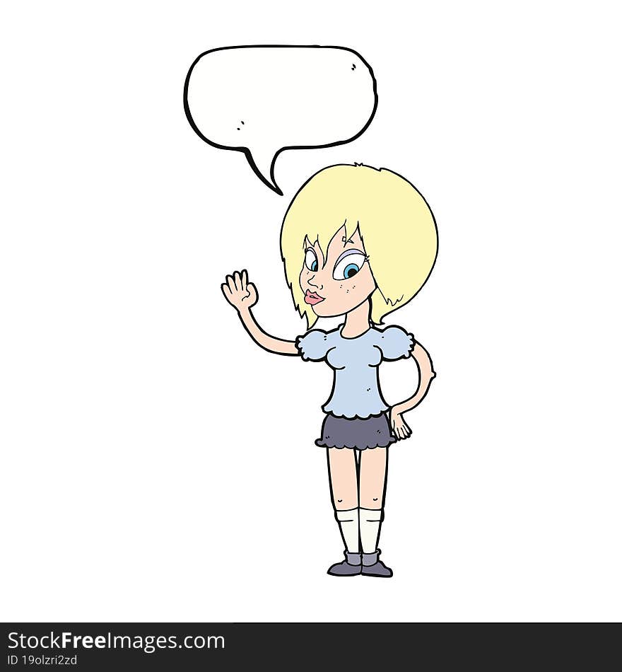 cartoon pretty woman waving with speech bubble