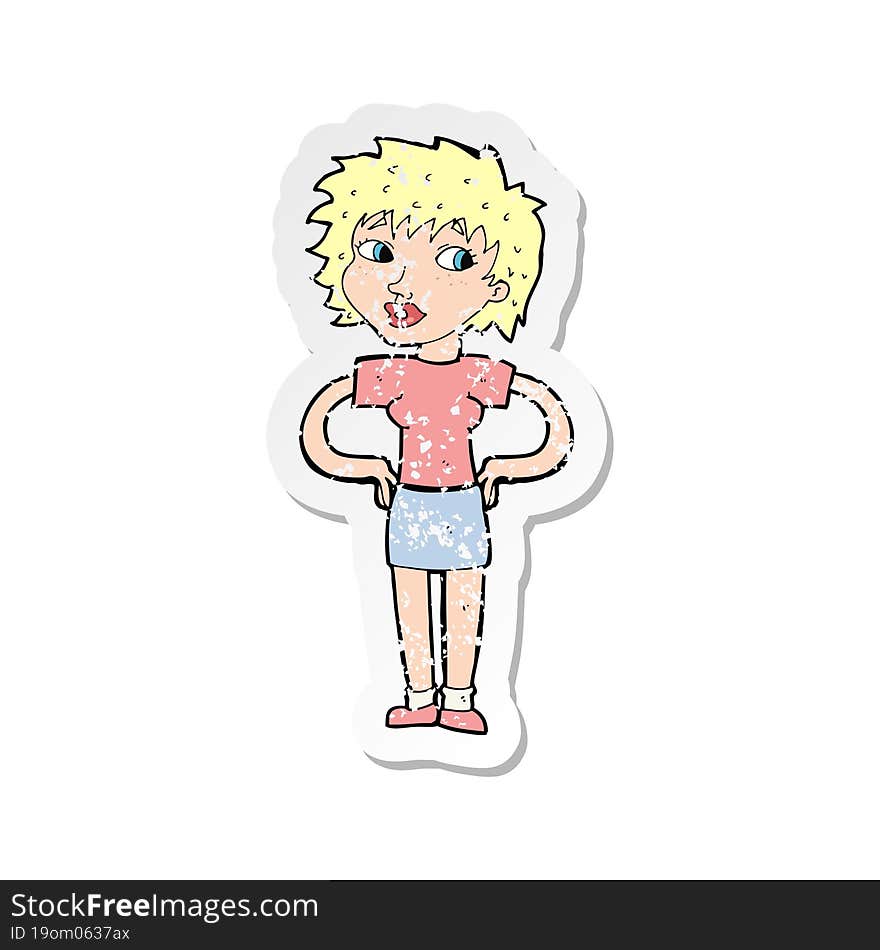 retro distressed sticker of a cartoon woman with hands on hips