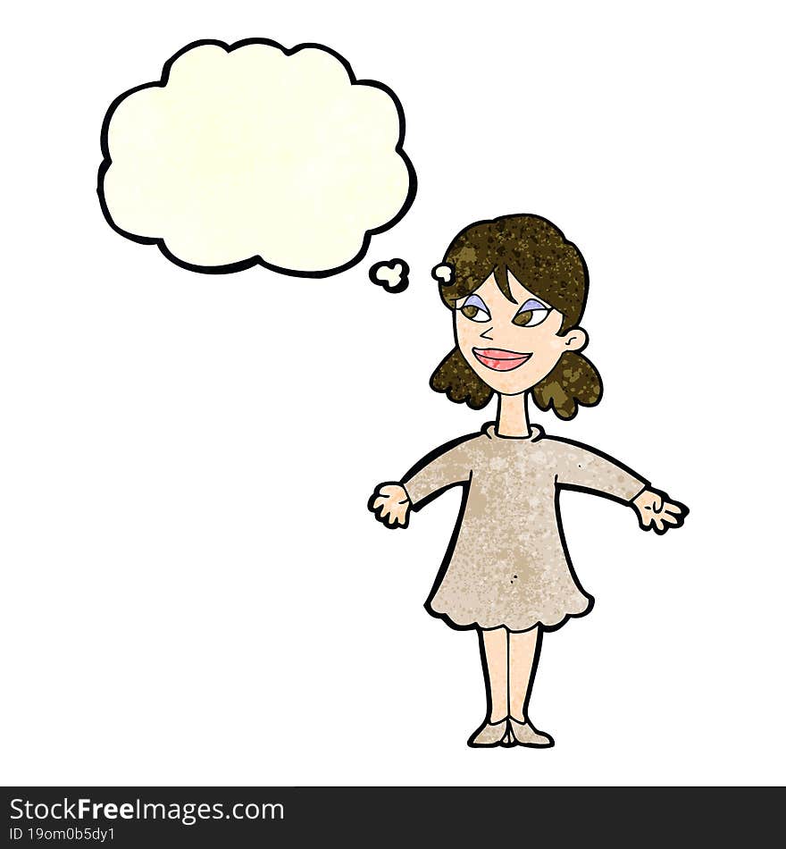 cartoon woman with open arms with thought bubble