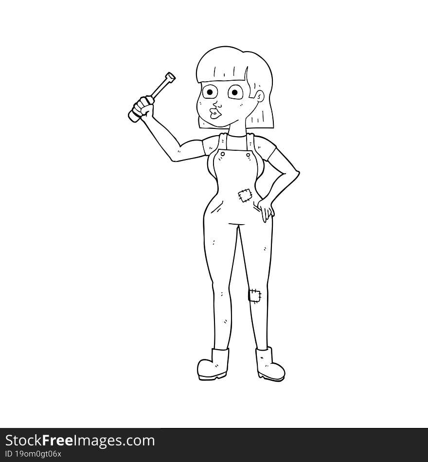 Black And White Cartoon Female Mechanic