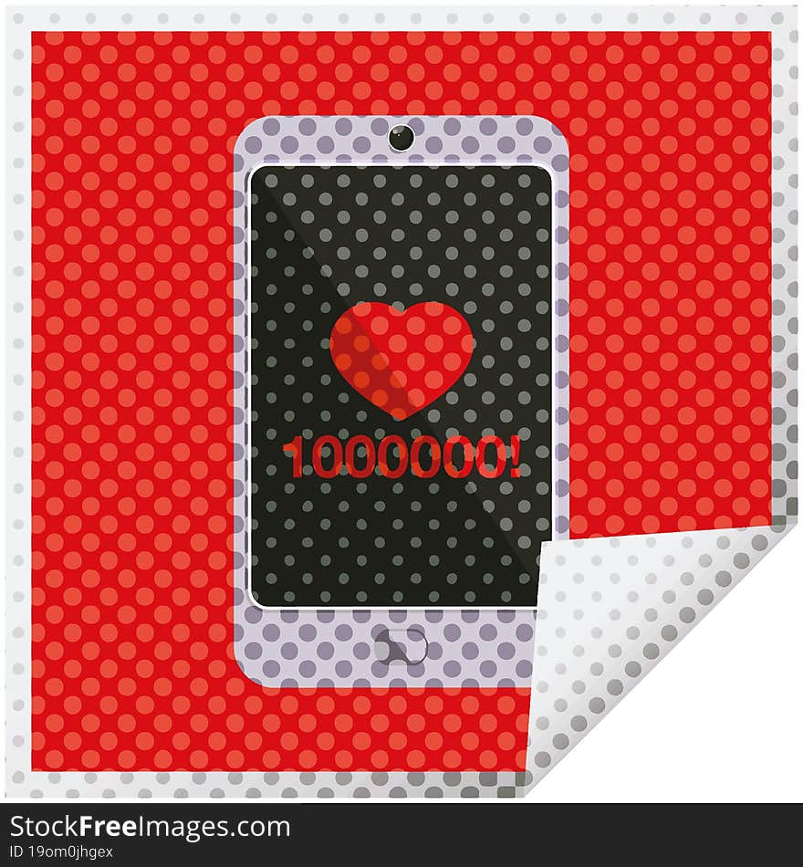 mobile phone showing 1000000 likes graphic vector illustration square sticker. mobile phone showing 1000000 likes graphic vector illustration square sticker