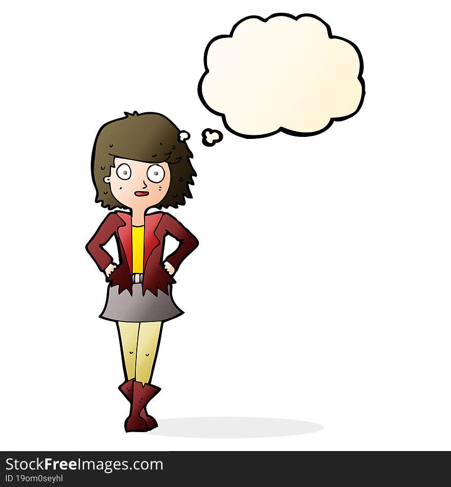 cartoon girl in jacket with thought bubble