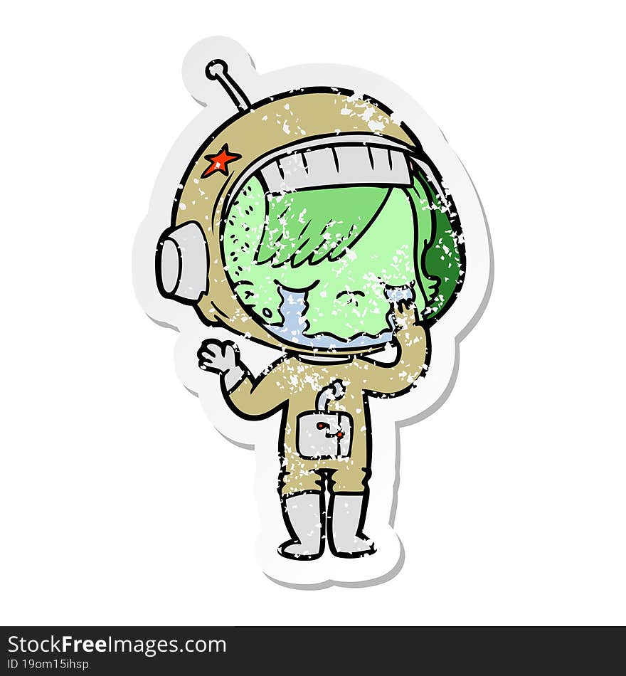 distressed sticker of a cartoon crying astronaut girl