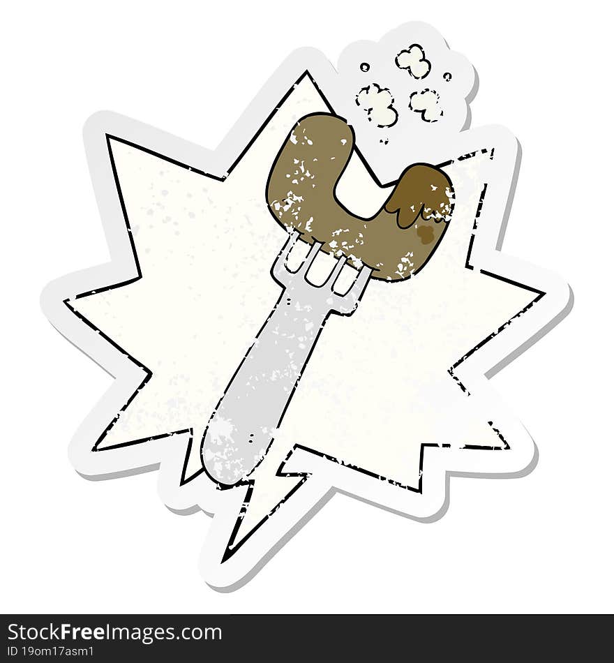 cartoon sausage on fork and speech bubble distressed sticker