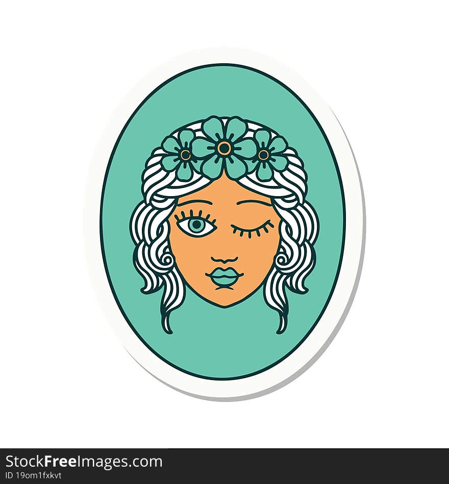 tattoo style sticker of a maiden with crown of flowers winking