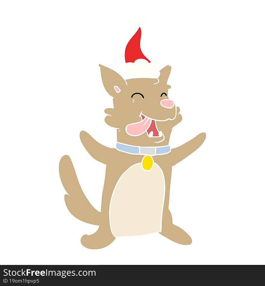 flat color illustration of a happy dog wearing santa hat