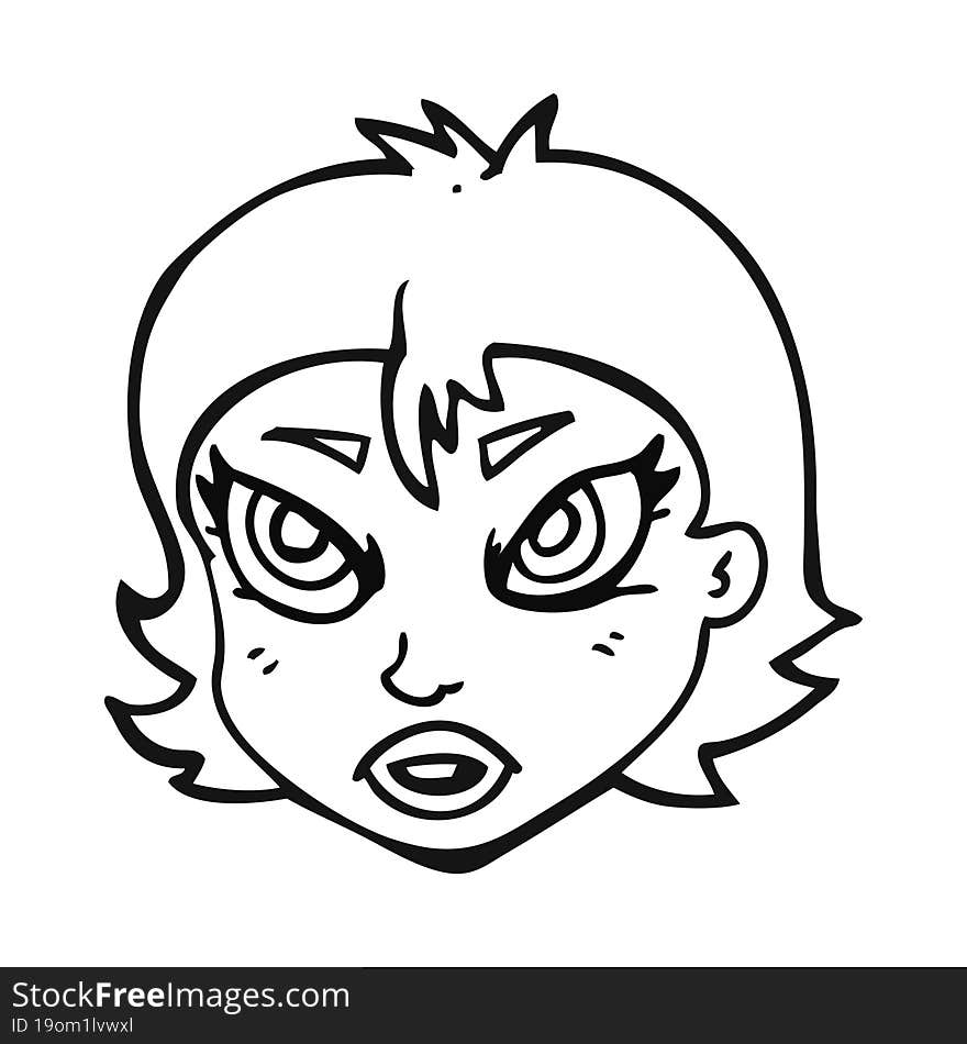 freehand drawn black and white cartoon angry female face