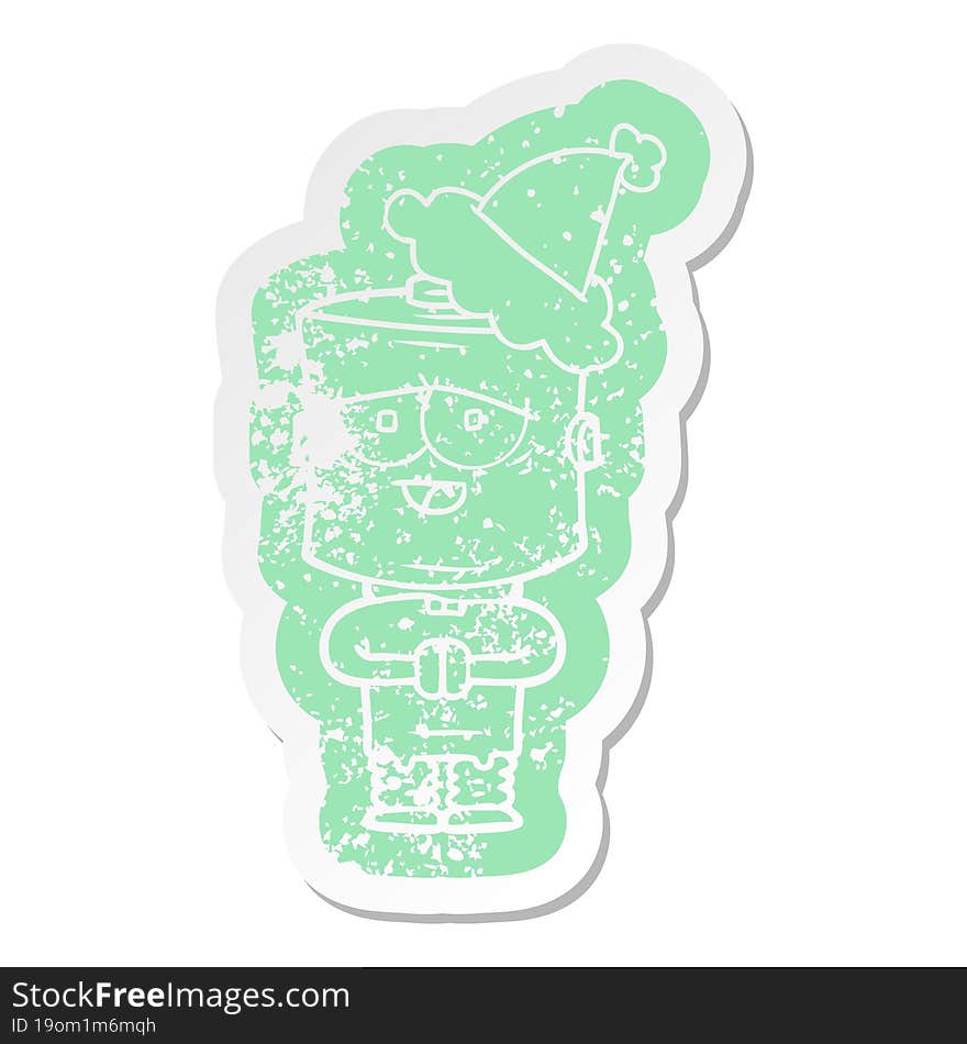 Cartoon Distressed Sticker Of A Robot Wearing Santa Hat