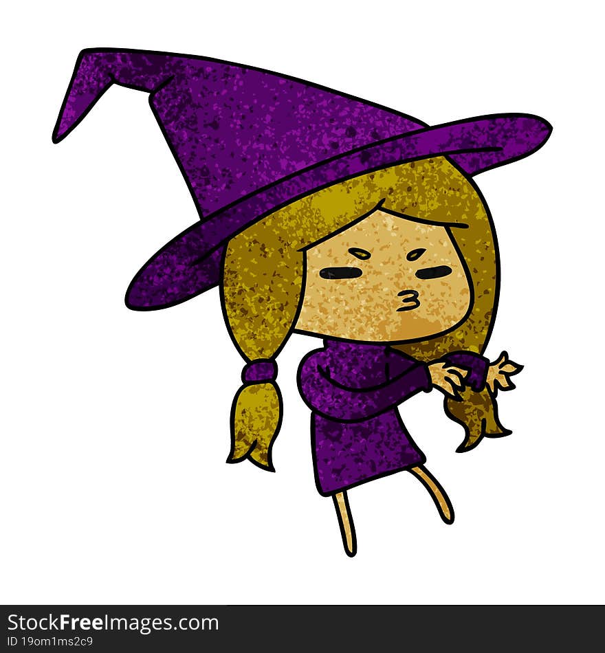 textured cartoon illustration of a cute witch kawaii girl. textured cartoon illustration of a cute witch kawaii girl