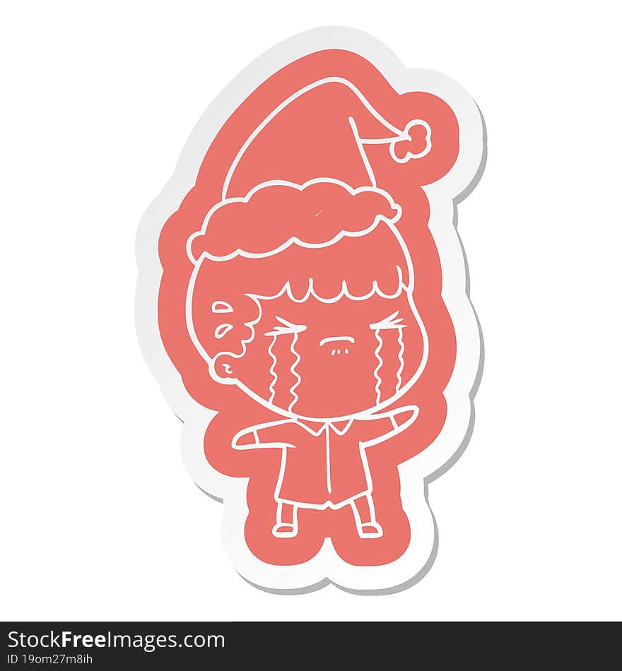 quirky cartoon  sticker of a man crying wearing santa hat