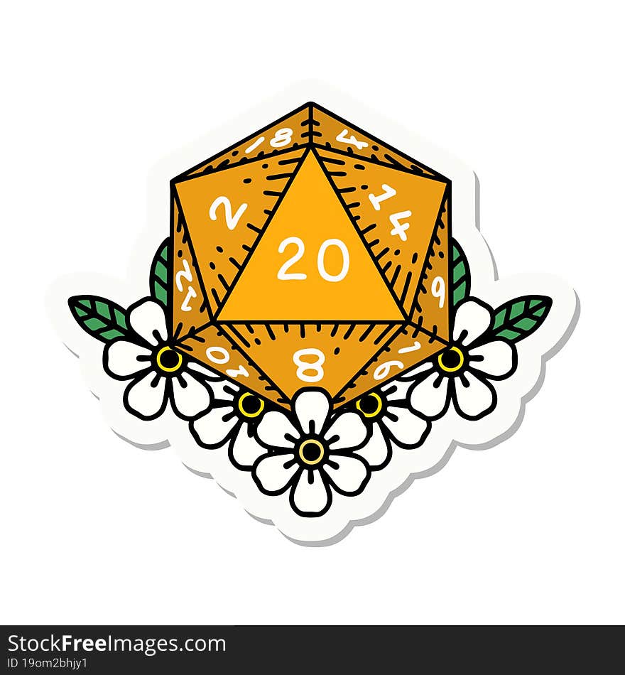 natural 20 D20 dice roll with floral elements sticker