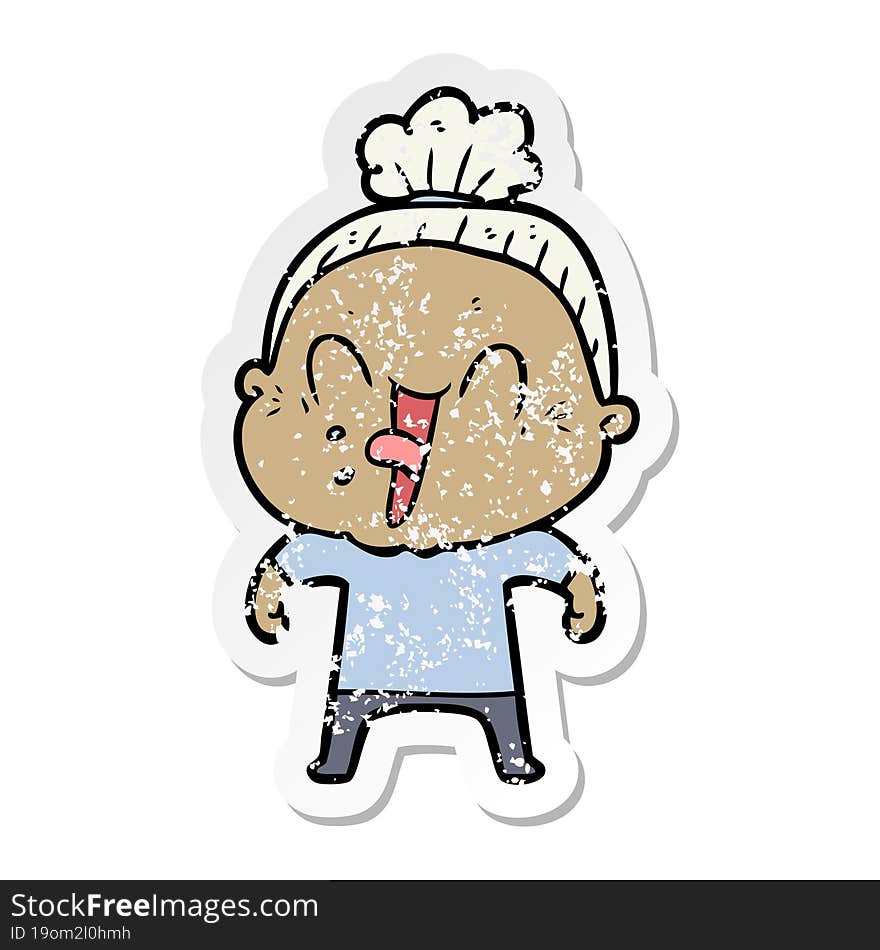 distressed sticker of a cartoon happy old woman