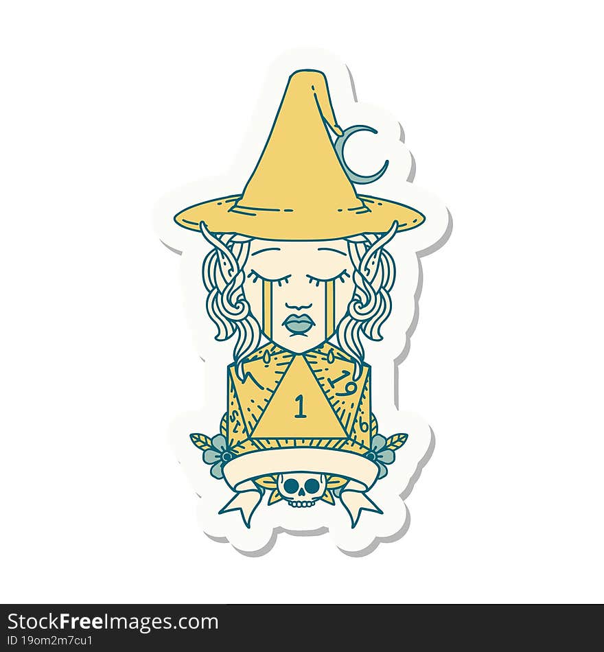 Crying Elf Mage Character With Natural One Dice Roll Sticker