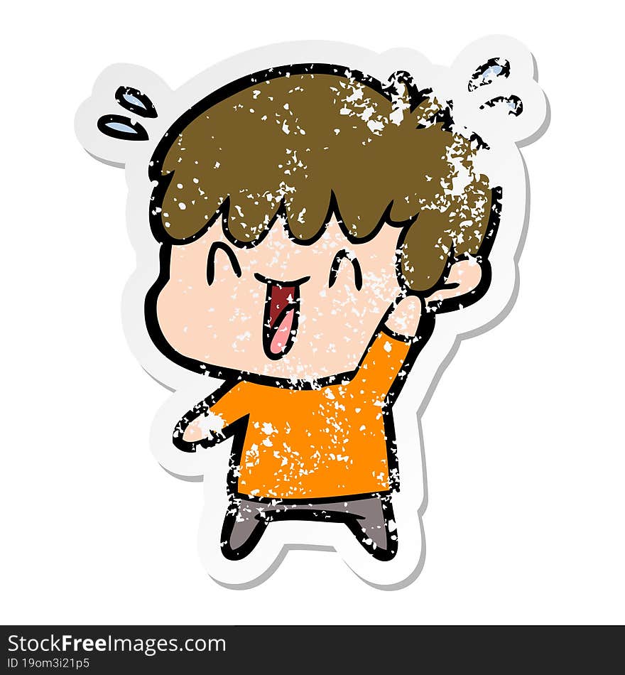 distressed sticker of a cartoon laughing boy