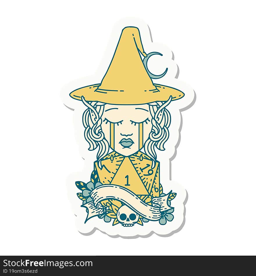 sticker of a crying elf mage character face with natural one D20 roll. sticker of a crying elf mage character face with natural one D20 roll