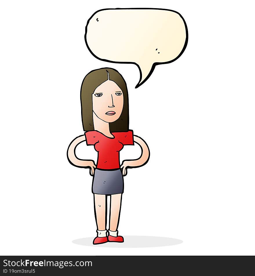 cartoon woman with hands on hips with speech bubble