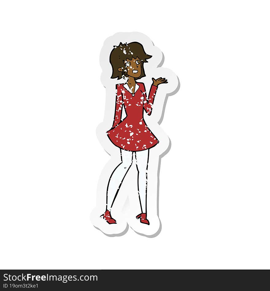 retro distressed sticker of a cartoon pretty woman in dress