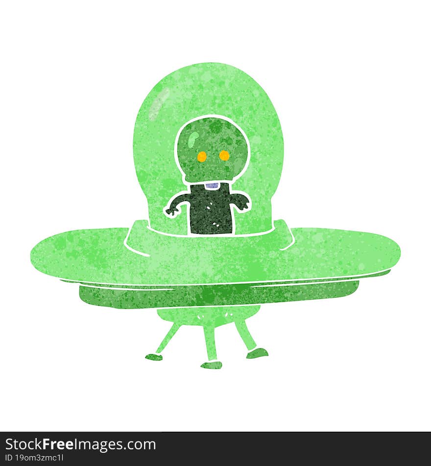 freehand retro cartoon alien in flying saucer