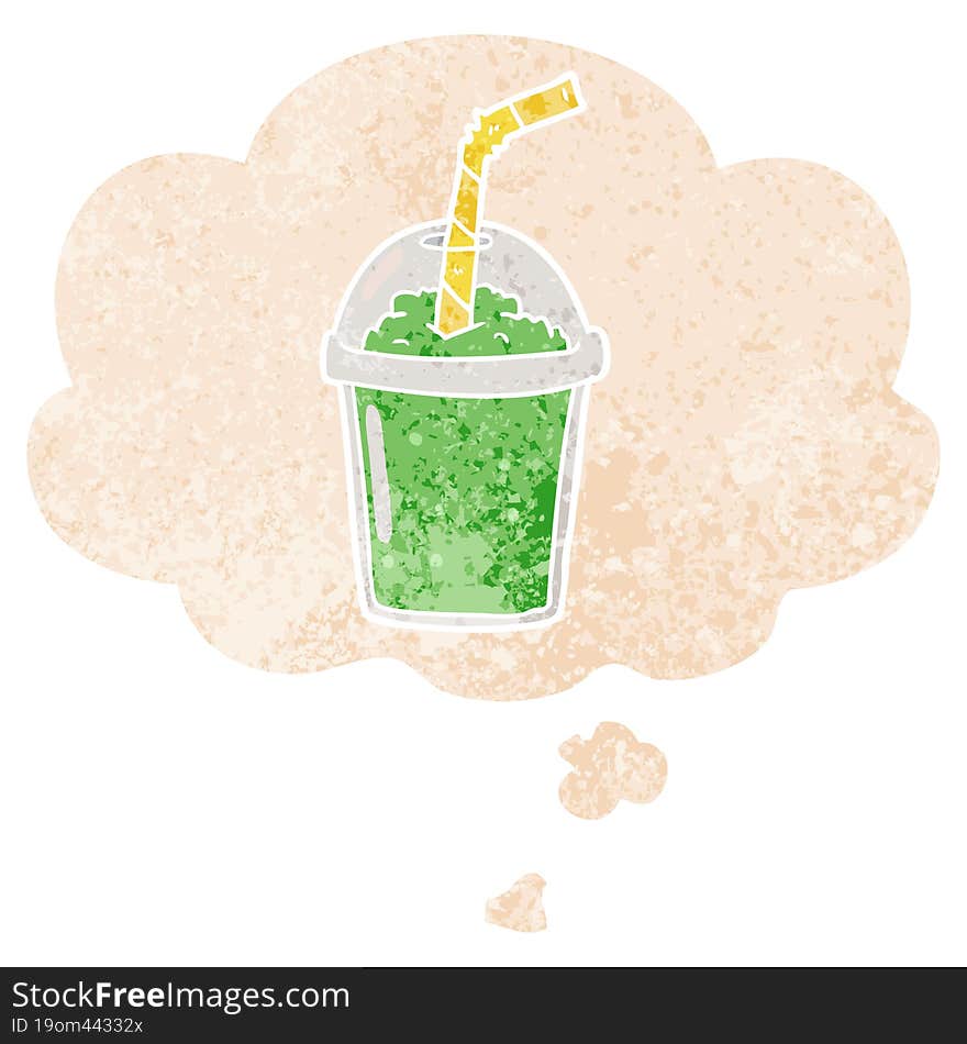 cartoon iced smoothie with thought bubble in grunge distressed retro textured style. cartoon iced smoothie with thought bubble in grunge distressed retro textured style