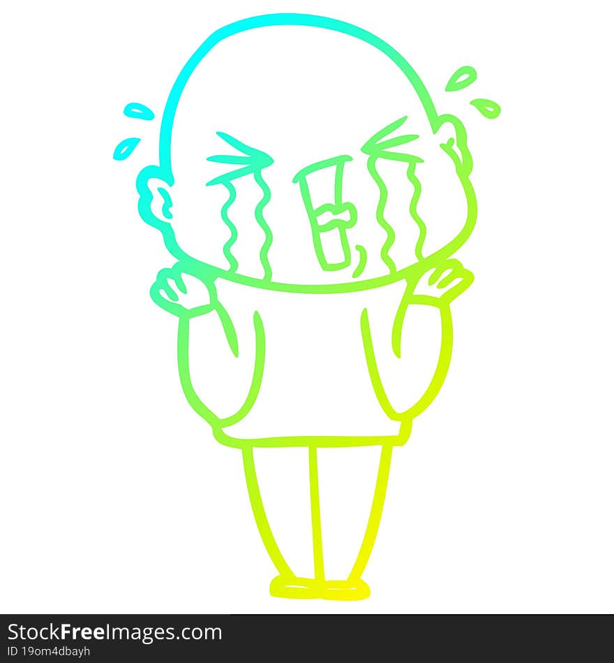 cold gradient line drawing cartoon crying bald man