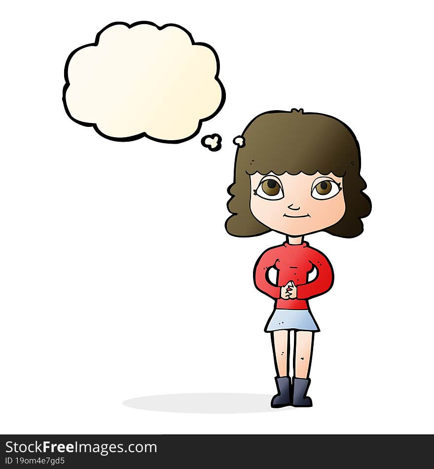 cartoon happy woman with thought bubble