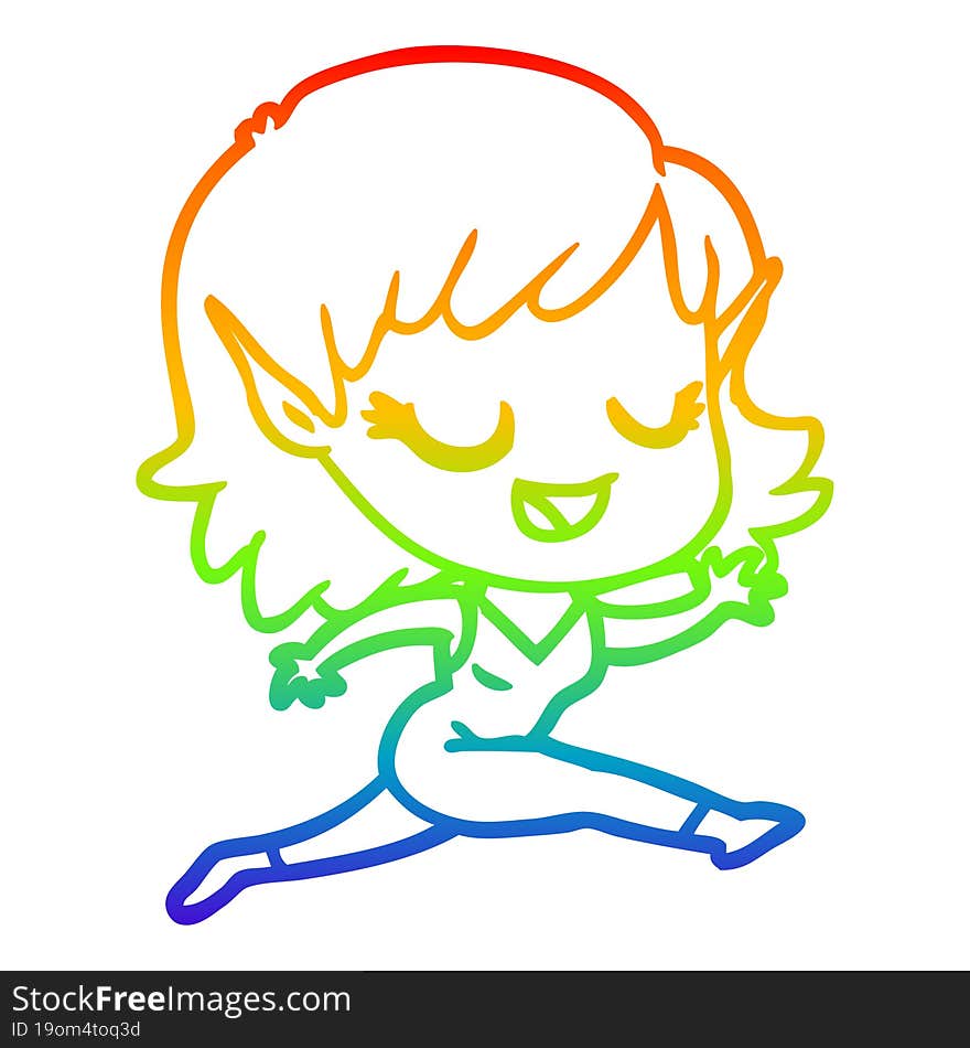 rainbow gradient line drawing happy cartoon elf girl running