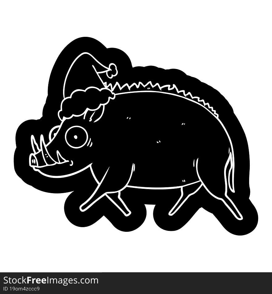 quirky cartoon icon of a wild boar wearing santa hat