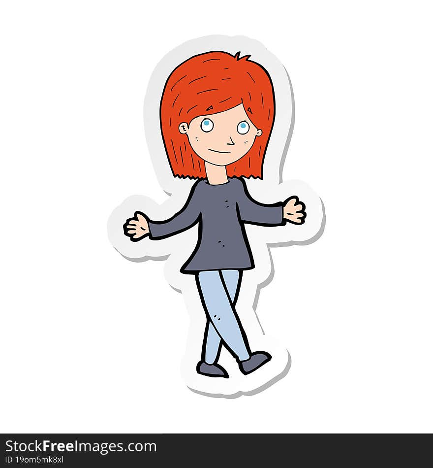 sticker of a cartoon woman with no worries