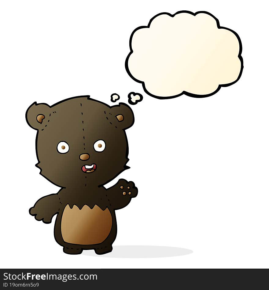 cartoon waving black bear cub with thought bubble