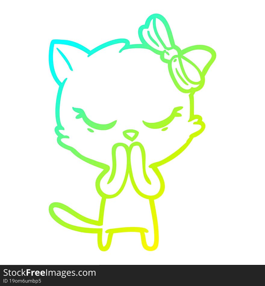 cold gradient line drawing cute cartoon cat with bow