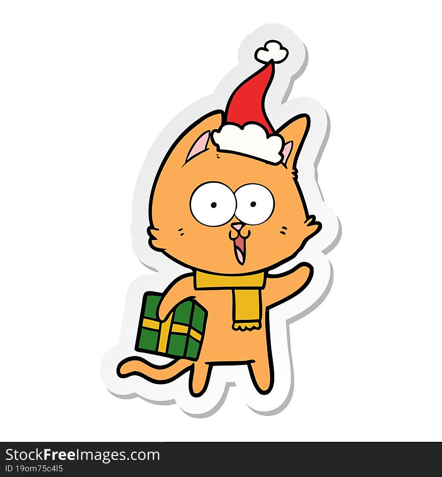 funny hand drawn sticker cartoon of a cat wearing santa hat. funny hand drawn sticker cartoon of a cat wearing santa hat