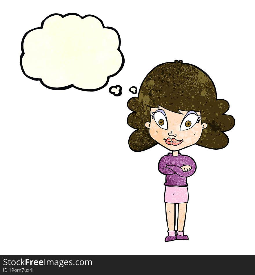 cartoon happy woman with folded arms with thought bubble