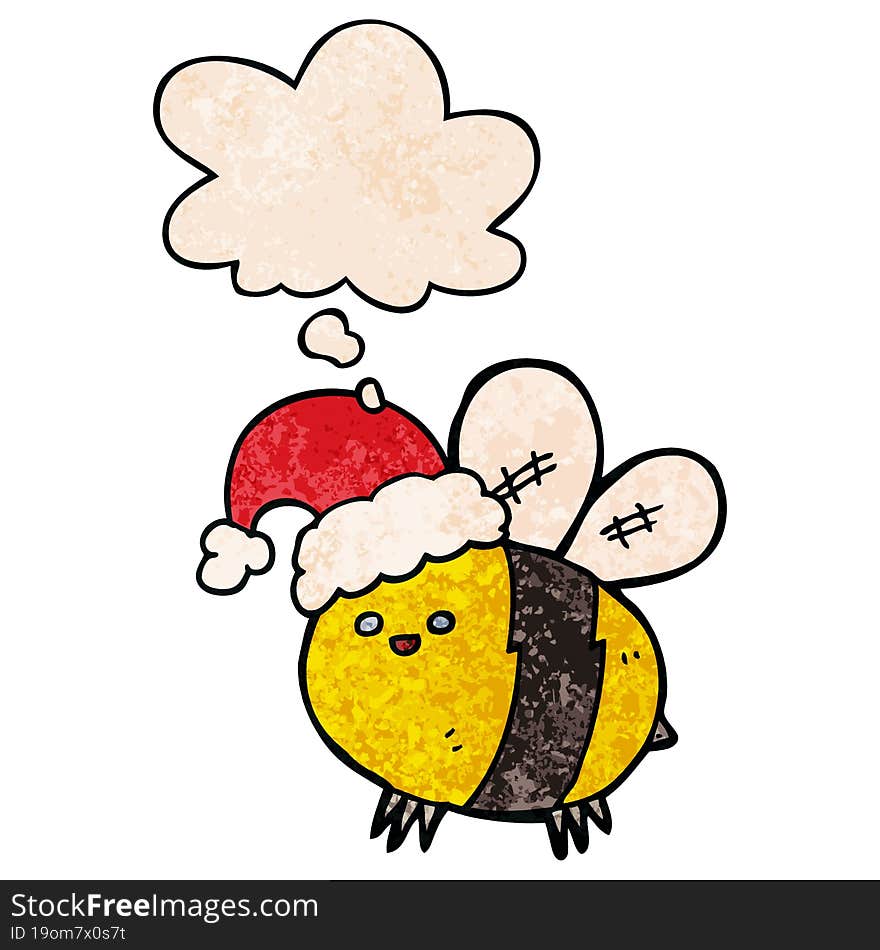 cute cartoon bee wearing christmas hat and thought bubble in grunge texture pattern style