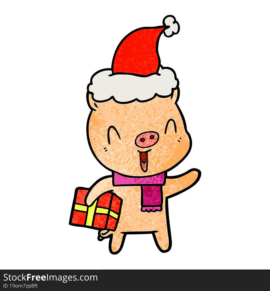 happy hand drawn textured cartoon of a pig with xmas present wearing santa hat