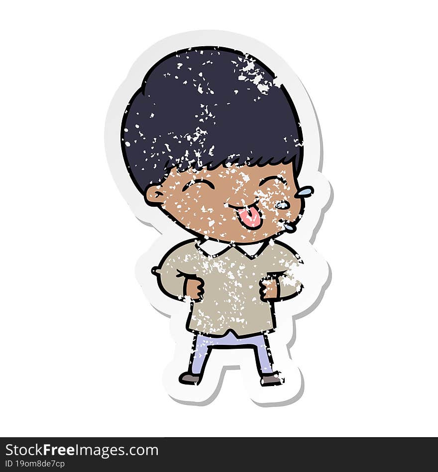 distressed sticker of a cartoon boy sticking out tongue