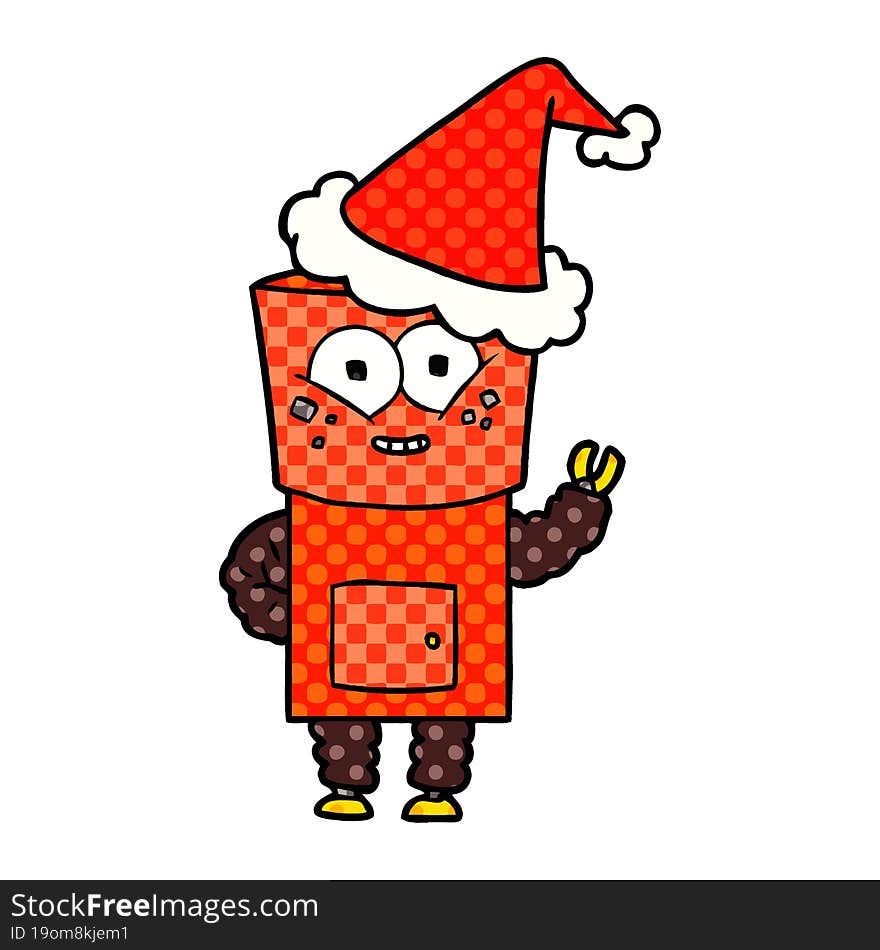 Happy Comic Book Style Illustration Of A Robot Waving Hello Wearing Santa Hat