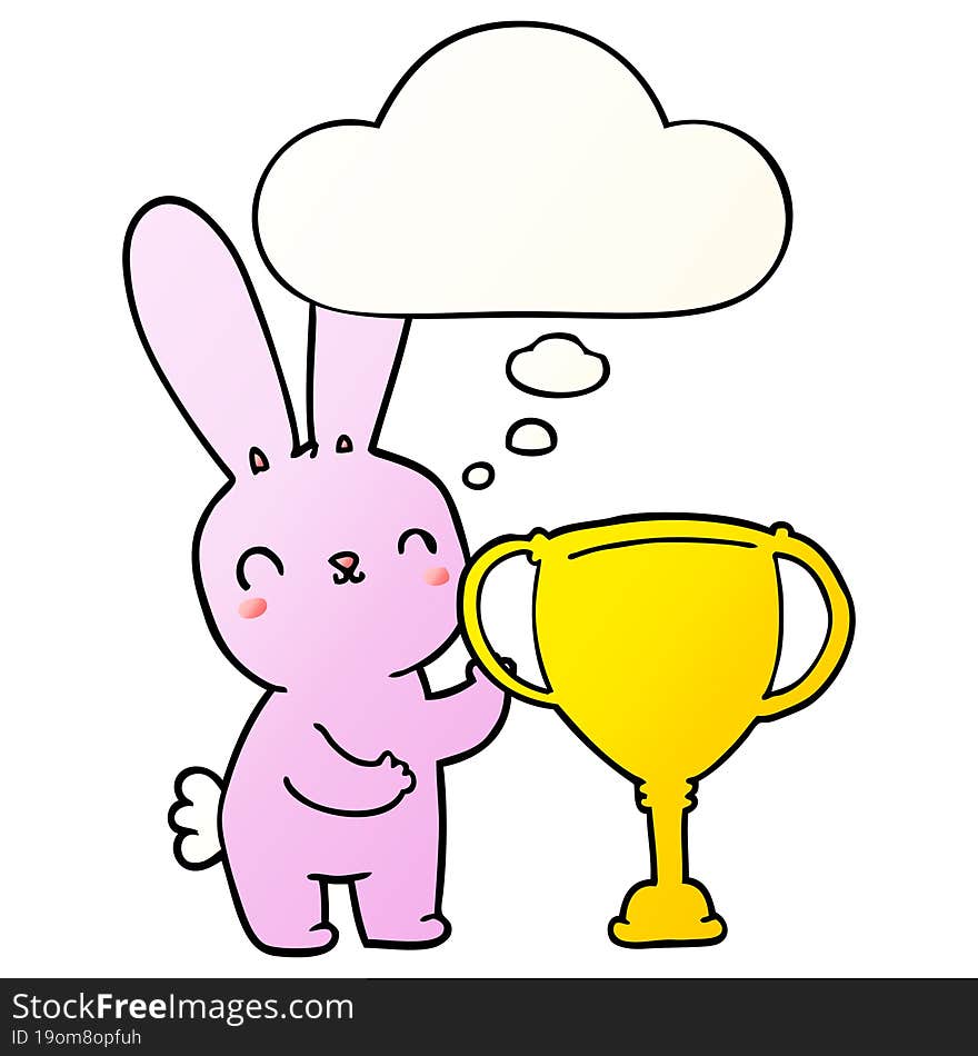 cute cartoon rabbit with sports trophy cup and thought bubble in smooth gradient style