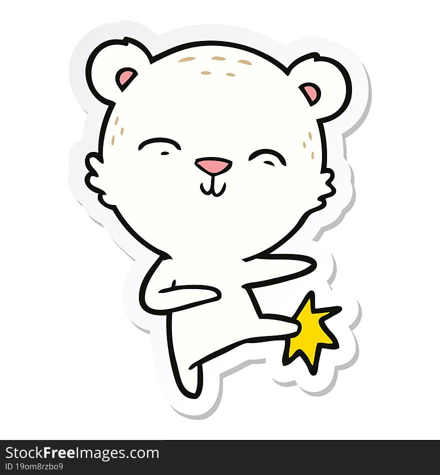 sticker of a happy cartoon polar bear kicking