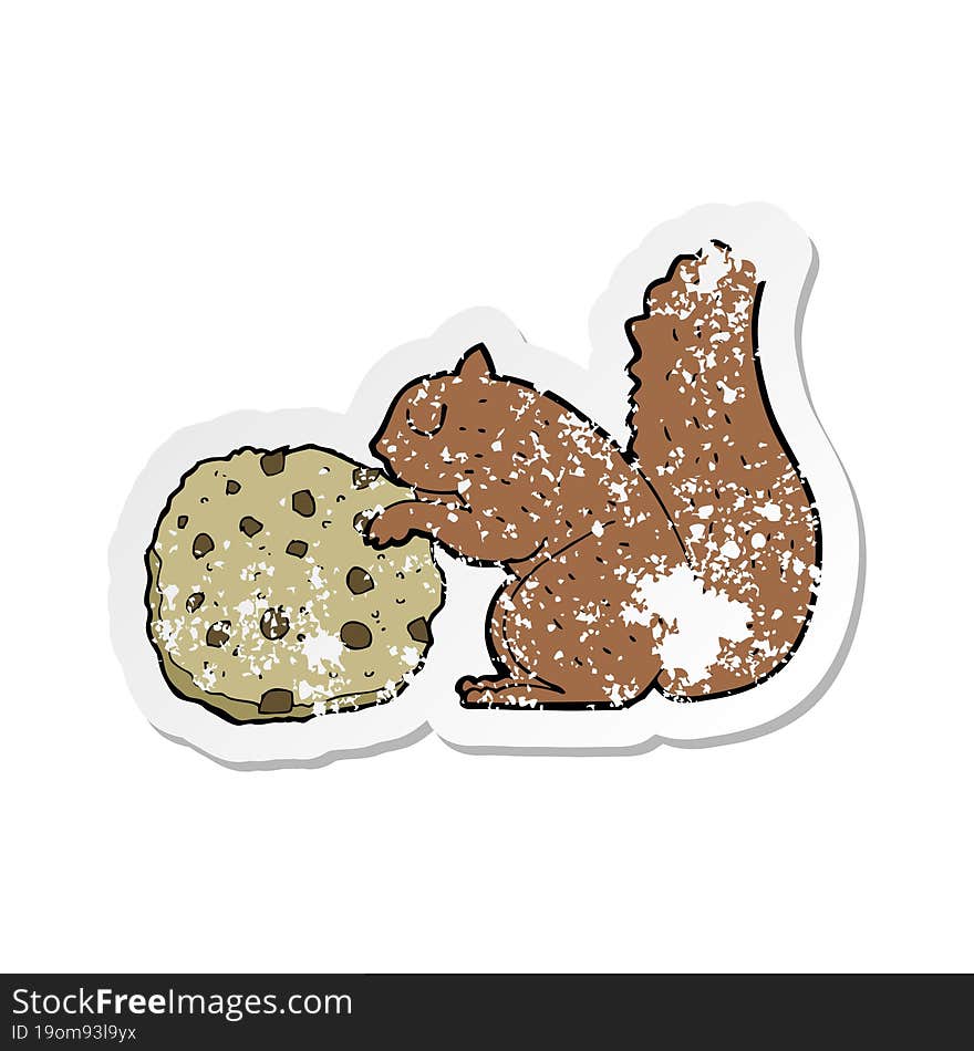 retro distressed sticker of a cartoon squirrel with cookie