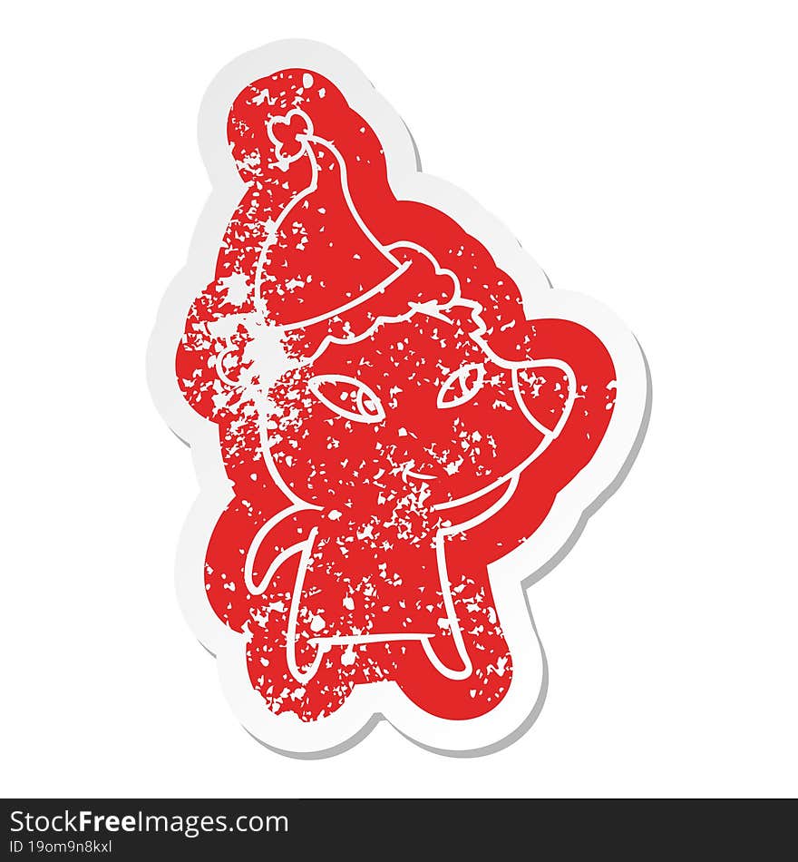 Cute Cartoon Distressed Sticker Of A Bear Wearing Santa Hat