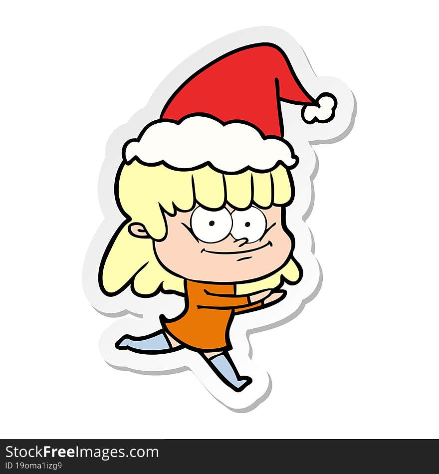 sticker cartoon of a smiling woman wearing santa hat