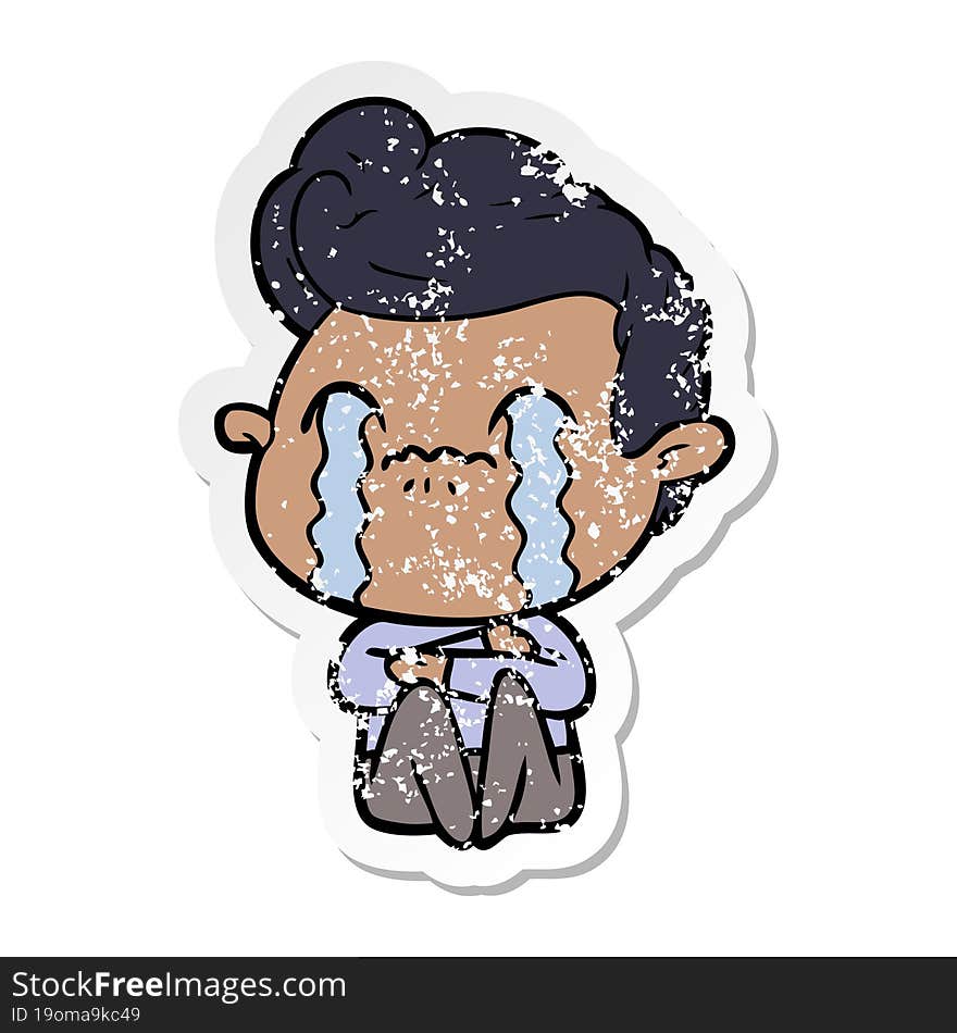 distressed sticker of a cartoon man crying