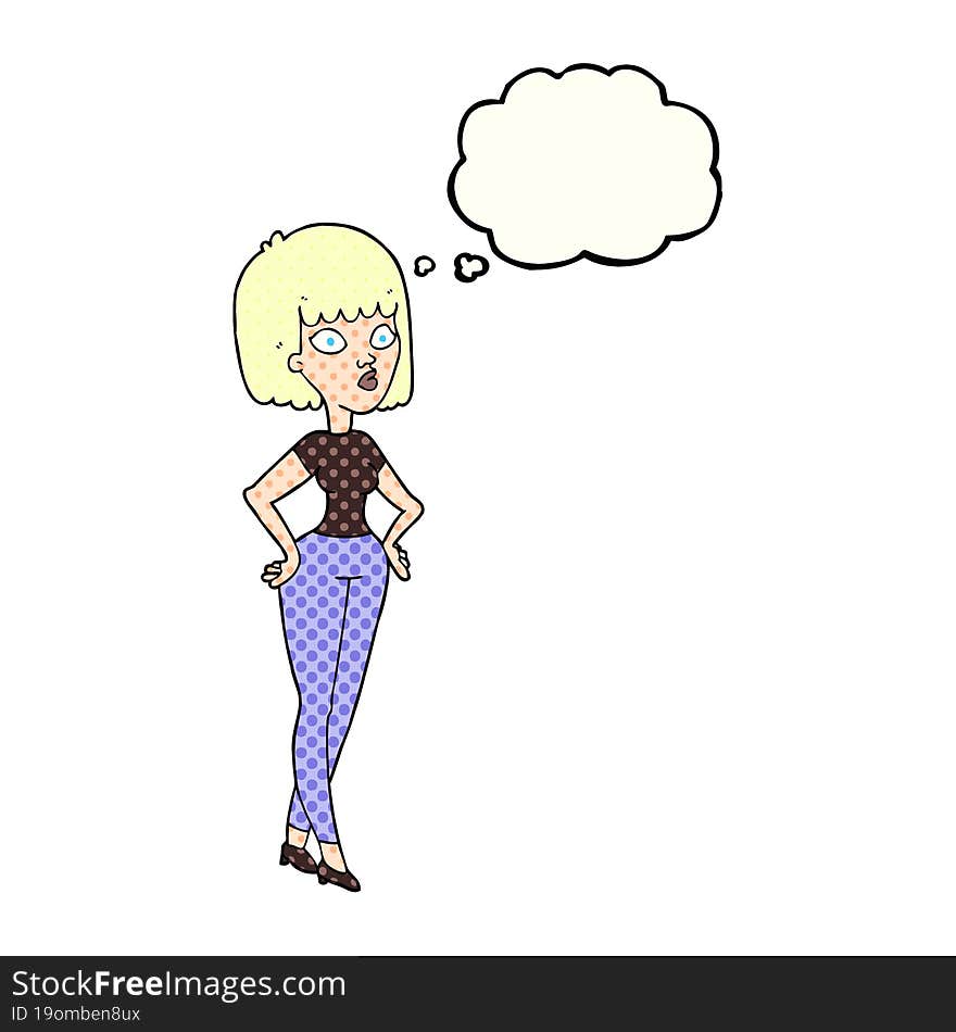 freehand drawn thought bubble cartoon woman with hands on hips