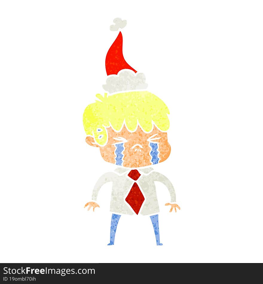 retro cartoon of a boy crying wearing santa hat